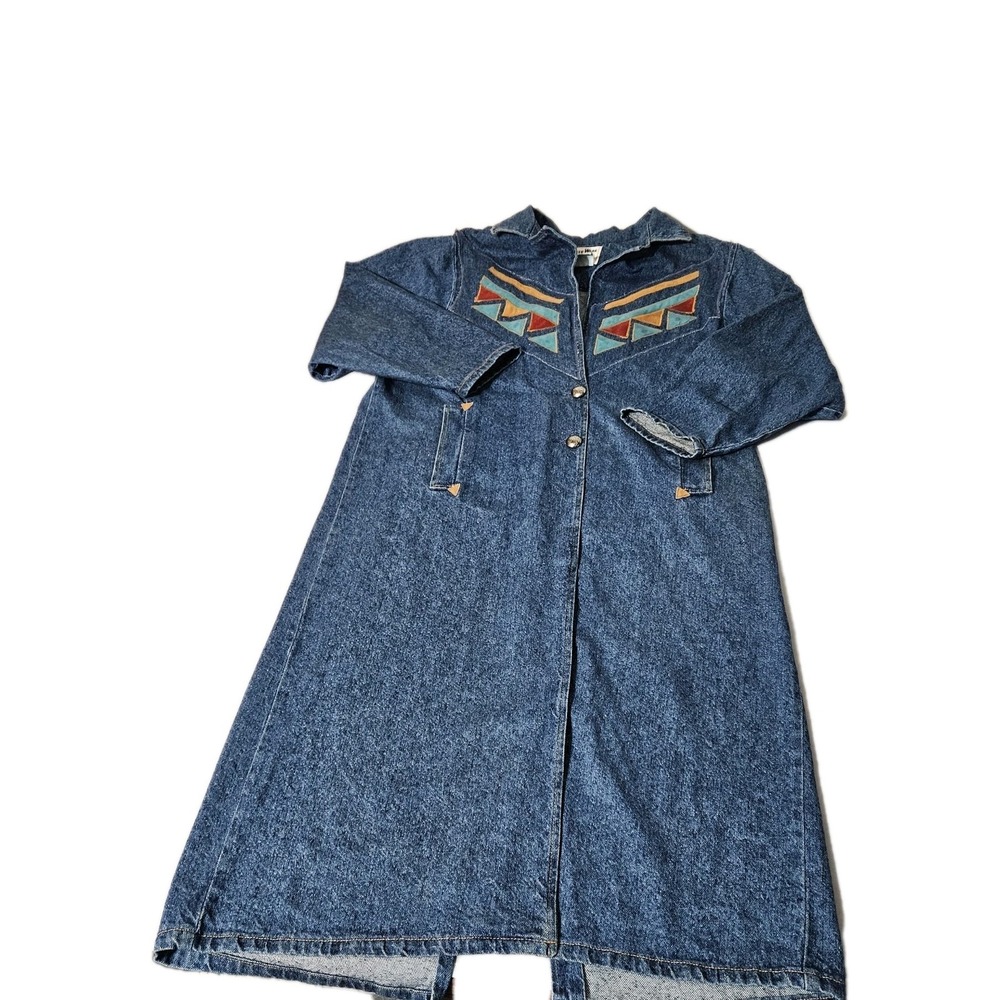 Vintage Pioneer Wear Long‎ Denim Jacket Womens 12 Southwestern Aztec USA Dress
